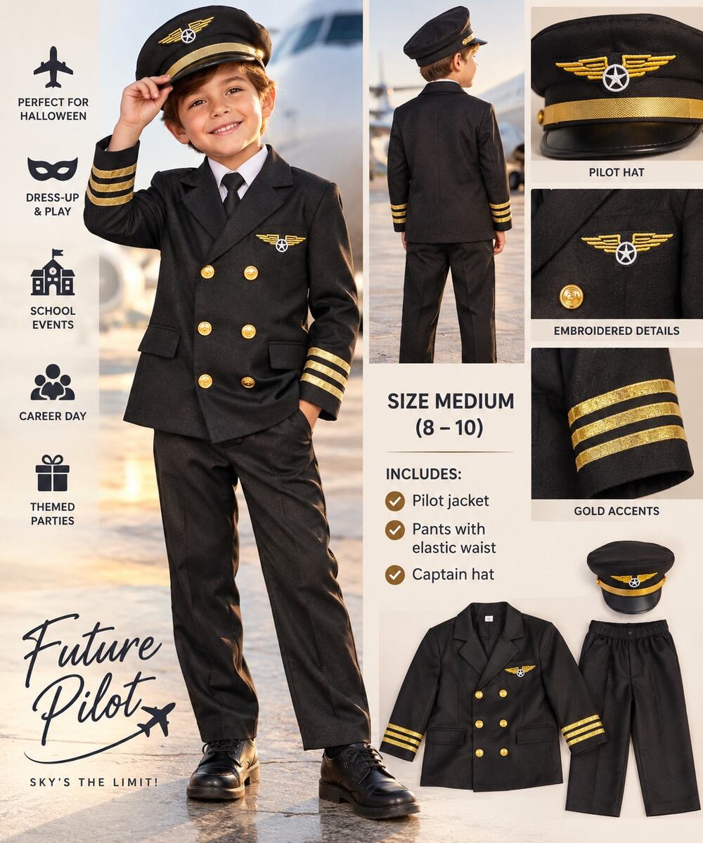 Kids Pilot Captain Costume Uniform Black Gold Jacket Pants Hat Size M 8-10